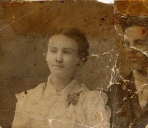 Perhaps a wedding photo of Nellie & William Carter, circa 1898. The photo is damaged and may have been kept in William Firman Carter's wallet.